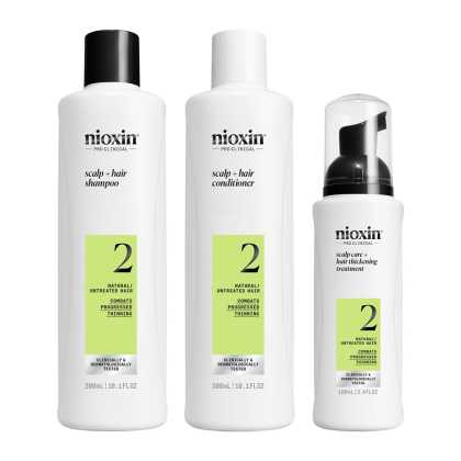 Set produse profesionale de par impotriva ruperii pentru par natural afectat de subtiere avansata Nioxin System 2 Kit, 300 ml + 300 ml + 100 ml