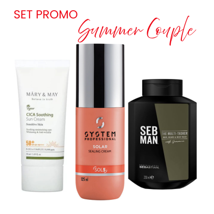 Pachet promo cu Protectie solara pentru par, Crema faciala cu protectie solara si Sampon 3 in 1 pentru barbati Summer Couple 