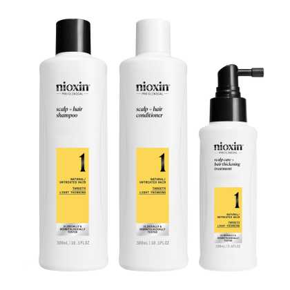 Set produse profesionale de par impotriva ruperii pentru par natural cu aspect usor subtiat Nioxin System 1 Scalp + Hair Kit, 300 ml + 300 ml + 100 ml