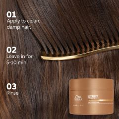 Masca hidratanta pentru par uscat si lipsit de stralucire cu Squalane & Omega 9 Wella Professionals Ultimate Smooth cu efect anti-electrizare, 150 ml